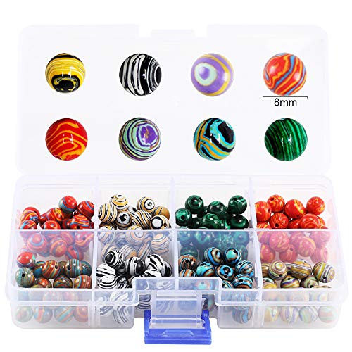 ManYee 200pcs Marble Glass Beads for Jewelry Craft Making Supplies 8mm Round Beads 7 Mixed Colors Marbleized Beads for Bracelets Necklaces Lampwork Beads with 8M Fishing Cord
