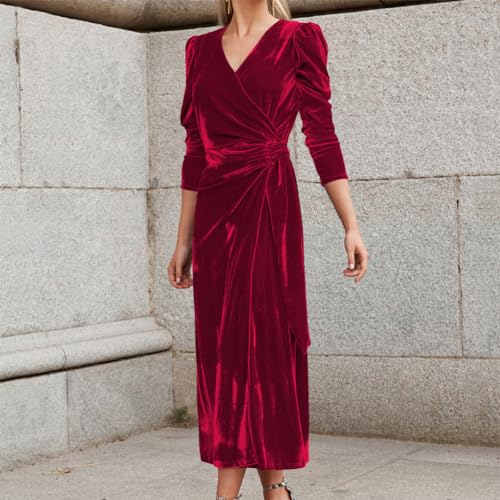 OBEEII RED VELVET DRESS FOR WOMEN FORMAL LONG DRESS ELEGANT V NECK WRAP BODYCON COCKTAIL PARTY MIDI DRESS HOMECOMING EVENING WEDDING GUEST LONG SLEEVE CHRISTMAS DRESS WINE RED S