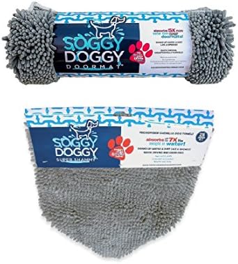 Soggy Doggy 2 Item Bundle: Super Absorbent Pet Door Mat (Grey with Bone) and Matching Super Shammy Dog Towel (Grey)