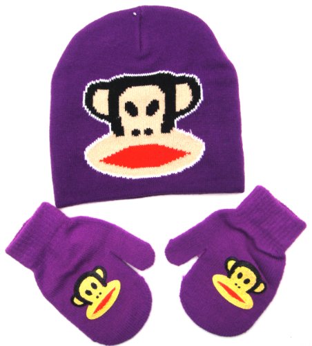 Paul Frank Julius Monkey Glue Print Beanie Mitten Purple Set for Toddlers Kids
