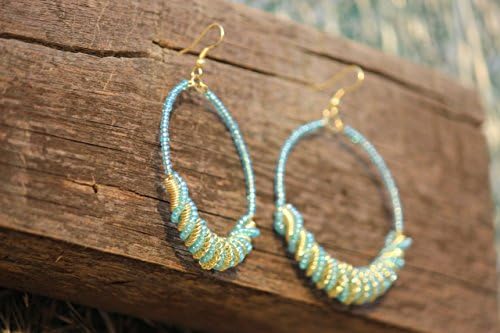 TRIBESMANGOLD--Handmade Turquoise Frisco Inspired BLUE-GOLDEN Color Seed Bead Hoop Earring