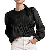 synound Women’s Lace Detail Flared Long Sleeve Blouse Lace Poplin Mesh Crew Neck Shirts Ruffle Swing Elegant Babydoll Tops
