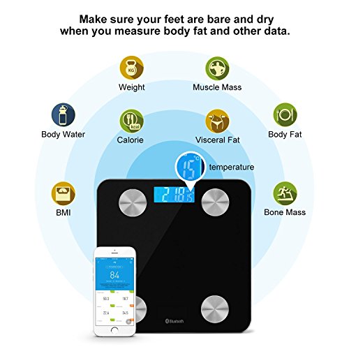 Bluetooth Smart Body Scale with IOS and Android App Wireless Digital Bathroom Scale for Body weight, Body Fat, Water, Muscle Mass, BMI, Calorie, Bone Mass and Visceral Fat, Black color, Temptuare