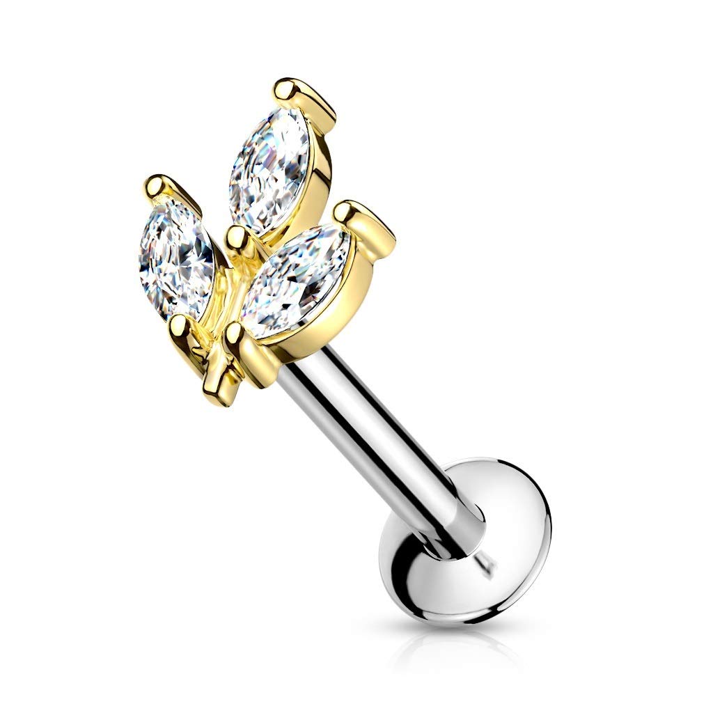 PiercedOff Gold Tone IP over 316L Surgical Steel Threadless Labret with 3 Marquise Clear CZ Leaf - Thickness 16GA (1.2mm) / Length 8mm / Leaf Size 10mm