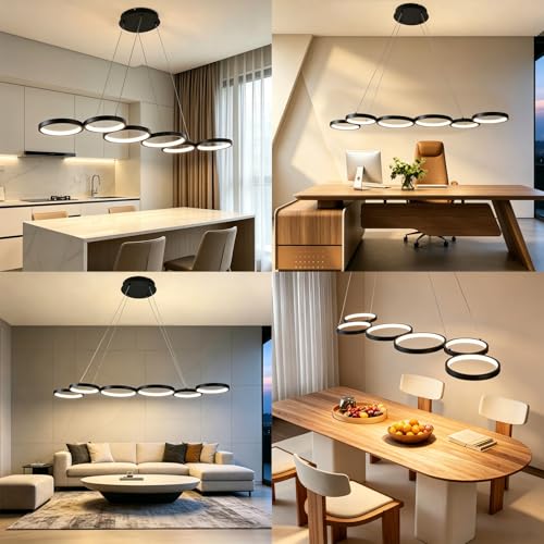 Liyabber Lampada a Sospensione LED Dimmerabile 113cm 69W Nero | Lampadario Moderno Design a 6 Anelli con Telecomando, Altezza Regolabile Lampada Sospesa per Tavolo da Pranzo, Soggiorno