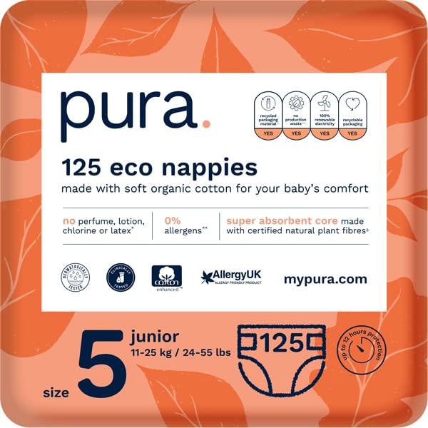 Pura - Pannolini Premium per Bambini, Taglia 5 (Junior più di 12 Kg), 5 Confezioni da 25 Pannolini (125 Pannolini), Fibre Vegetali Naturali Certificate Fsc, Ecocompatibili