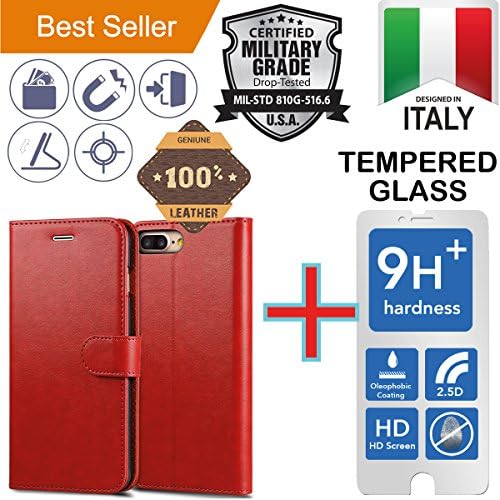 iPhone 7 PLUS [5.5] Red [GENUINE Leather Wallet] Case + [Tempered Glass] Screen Protector [Flip Stand] Cover [Shock Absorbent] Armor Protection Cash Credit ID Card [Scratch Proof]