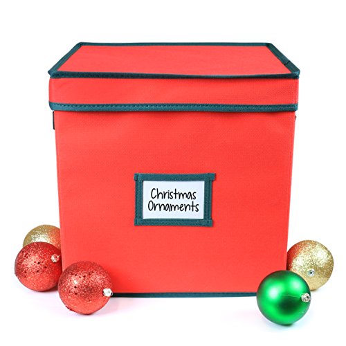 Premium Heavy Duty Ornament Fabric Storage Box With Deviders, 4 Removable Trays, Fits 64 Ornaments Balls, Red (1 Pack, Christmas)