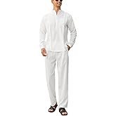 CUBECIRCLE Men's 2 Piece Set Long Sleeve Casual Henley Shirts Loose Pants Set Lounge Vacation Outfits Summer Beach Set