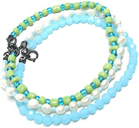 Set of 3 Stacking Bracelets Oxidized Sterling Silver Cultured Freshwater Pearl Aqua Green Glass 7.25 Inches