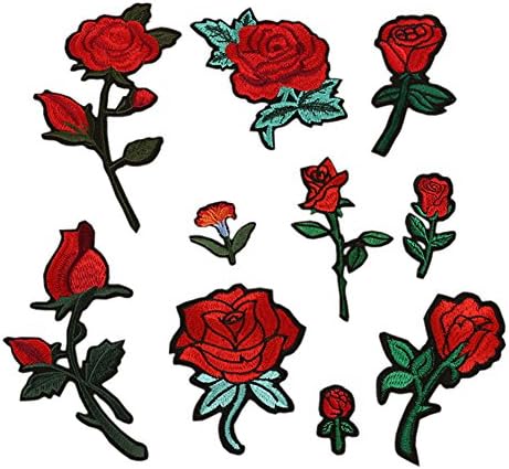 Hwafan Mix 10PCS Rose Flower Floral Bunches Decal Fabric Iron On Patches Embroidered Motif Badge DIY Decoration Applique For Jeans Clothes