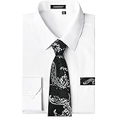HISDERN 503 Mens Dress Shirt and Tie Handkerchief Set Classic Long Sleeve Shirts Matching Ties Formal Button Down Shirts