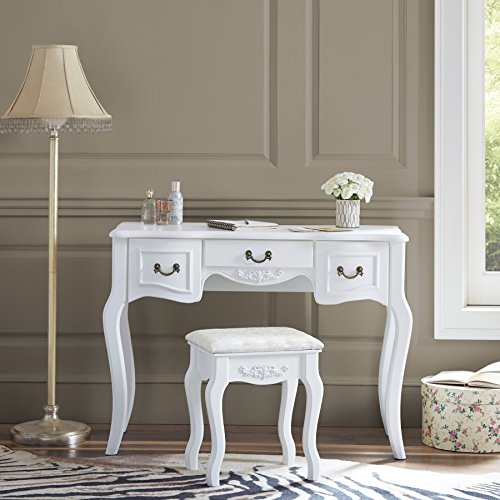 Fineboard Vanity Set Beauty Station Makeup Table and Wooden Stool Set with 3 Mirrors and 5 Organization DrawersÂ Set, White