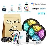 WiFi Smart Phone & 24Key Remote Controlled Music RGB LED Strip Lights Kit 12V 32.8Ft 300LEDs 5050 with Dimmer Timer, via Android IOS APP Alexa Google Home & IFTTT for Kitchen Desk Backlight Closet