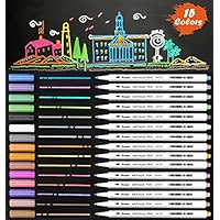 Metallic Marker Pens, 15 Assorted Color Fine Tip Sheen Glitter Painting Pen Card Making, Birthday Greeting, DIY Photo Album,Scrap booking,Rock Painting,Mug,Calligraphy,Valentine