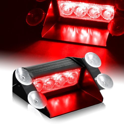 4 LED Visor Dashboard Emergency Strobe Lights for Interior Roof / Dash / Windshield (4 LED, Red)