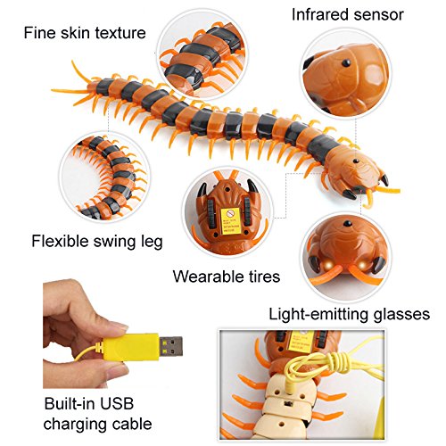 Flykee Funny Simulation Infrared RC Remote Control Scary Creepy Insect Cockroach Toys (Yellow,Centipede) - Thumbnail 2