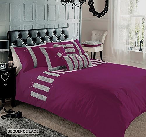SUPERIOR COTTON DIAMANTE SEQUENCE LACE KING DUVET COVER BEDDING SET - AUBERGINE by Signature Gaveno Cavailia