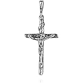Cross Pendant Jesus Christ Crucifix Sterling Silver 925 Wood Textured Religious Unisex Jewelry