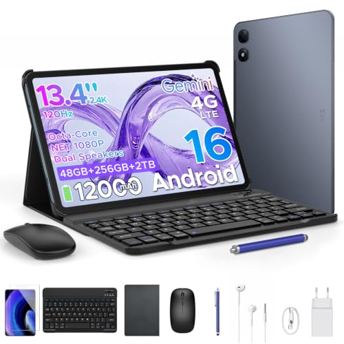 P13 Pro Tablet 13.4 Inch 120Hz Android 16, 48GB RAM + 256GB(TF 2TB) Tablet with Keyboard and Pen, T7280 Octa-Core, 12000mAh/18W, 16MP+8MP, Gemini AI, Widevine L1, Face ID, Dual SIM 4G, Grey