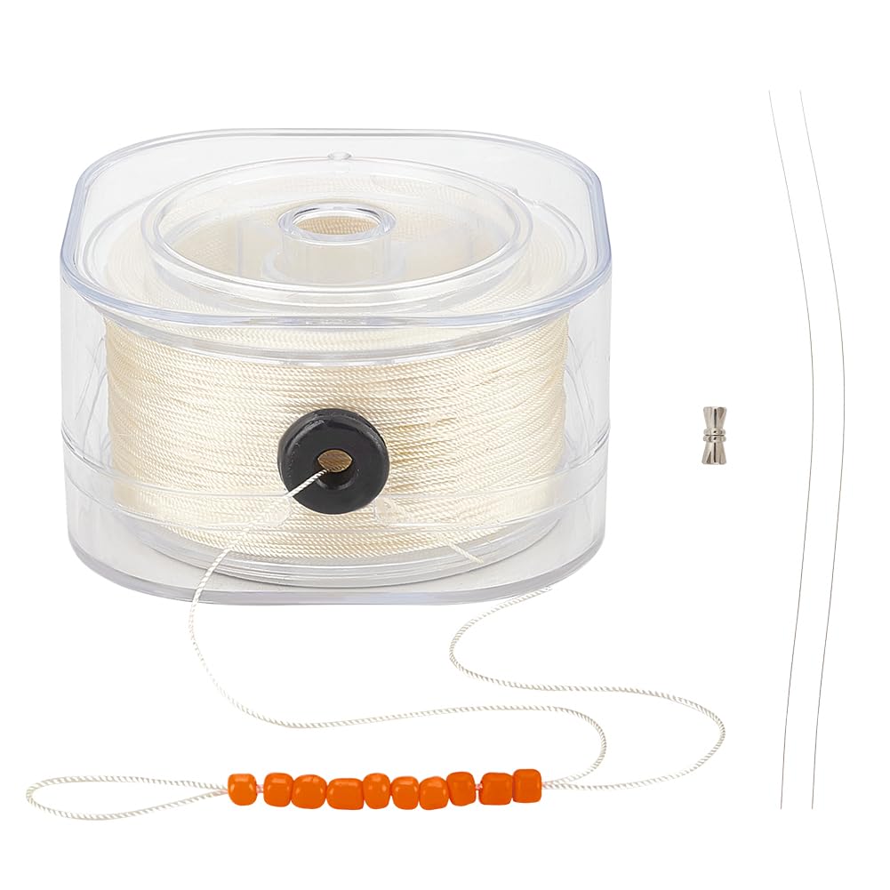 PH PandaHall 164 Yards/150m 0.4mm Bracelet String Beading Thread Seed Bead Thread Sewing String with Leading Wire and Organizing Case for Leather Stitching Beading Jewellery Bracelets Making Beige