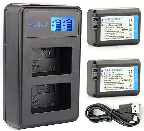 SmilePowo 2 Pack NP-FW50 Battery 1080mAh and Rapid Dual Charger for Sony Alpha a7, a7 II, a7R, a7R II, a7S, a7S II, a5000, a5100, a6000, a6300, a6500 Digital Camera and More