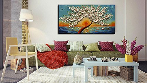 baccow White Oil Paintings 2448, Abstract 3D Flower Wall Decor Blue, Hand Painted Framed Wall Decorations for Living Room Bedroom Dining Room Bathroom Office