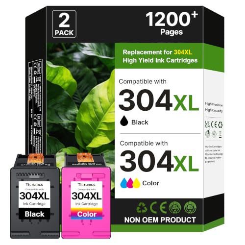 Tiorumcs 304 XL 304XL Remanufactured Ink Cartridges for HP 304XL Ink for HP 304 Cartridges for HP Envy 5010 5030 5020 5032 Deskjet 3762 3760 2630 2632 2652 2655 3700 3720 (1 Black, 1 Colour)