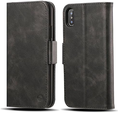 iPhone X Leather Wallet Case Flip Folio Case Cover With 3 Card Slots Cash Holder Retro Leather Double Magnetic Closure (Black, iPhone X)