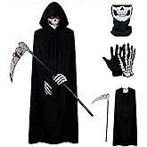 Soochat 4 Pcs Halloween Grim Reaper Costume Set, Black Velvet Hooded Cape, Skull Face Mask, Skeleton Hand Gloves, Grim Reaper Scythe Death Scythe Staff, Cosplay Costume Props