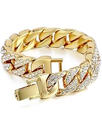 Davieslee Mens Womens Chain Hiphop Iced Out Curb Cuban Gold Plated Bracelet Necklace w/ Clear Rhinestones