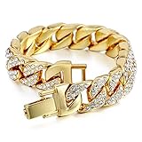 Davieslee Mens Womens Chain Hiphop Iced Out Curb Cuban Gold Plated Bracelet w/ Clear Rhinestones 10inch