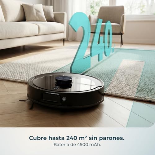 Robot Aspirador y Friegasuelos con Base Autovaciado e IA Conga Y90 Dark. Navegación Láser, 25000Pa, Autonomía 240min, Cepillo Silicona para Mascotas, Bolsa de Polvo 3L, Bluetooth y WiFi, App