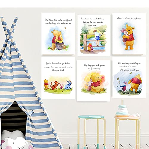 Winnie the Pooh Wall Decor Unframed Set of 6 Prints, 8x10 Inch, Hand Painted Nursery Wall