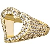 JINAO Hollow Heart Ring 14K Gold Plated Iced Out Lab Simulated Diamond Cubic Zirconia Eternity Wedding Band Ring for Men Women