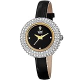 Burgi Women's BUR195 Swarovski Crystal & Diamond Accented Watch - Comfortable Leather Strap In A Gift Box (Yellow Gold & Black)
