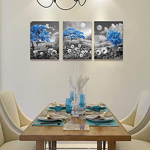 Blue Tree Canvas Wall Art For Living Room Dining Family Office Bedroom Over Bed Modern Black And White Dandelion Rose Daisy Moon Nature Pictures Decor For Home Artwork Painting 12\