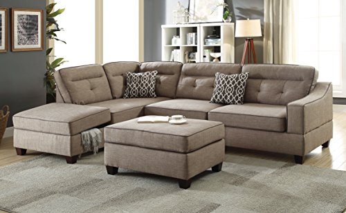 Living Room 3pcs Sectional w Ottoman Bobkona Reversible Chaise w Storage Sofa w Pillows Tufted Mocha Dorris Fabric Modern