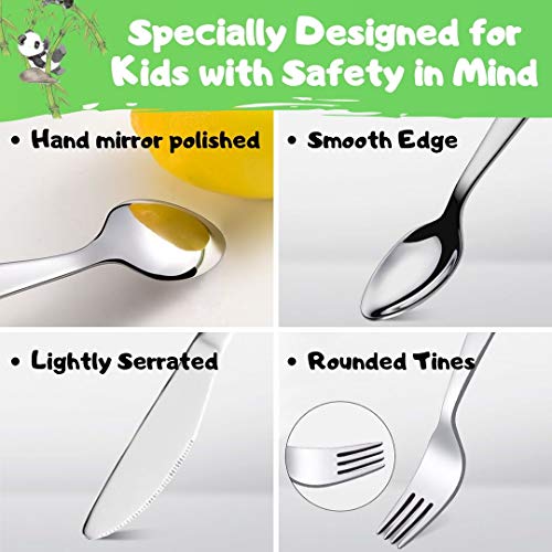 Kids Silverware Toddler Utensils Set Cute Panda 18/8 Stainless Steel Child Self Feeding Learning Cutlery Premium Fork Spoon and Knife Set 4 Pcs Baby Safe Flatware with Gift Box