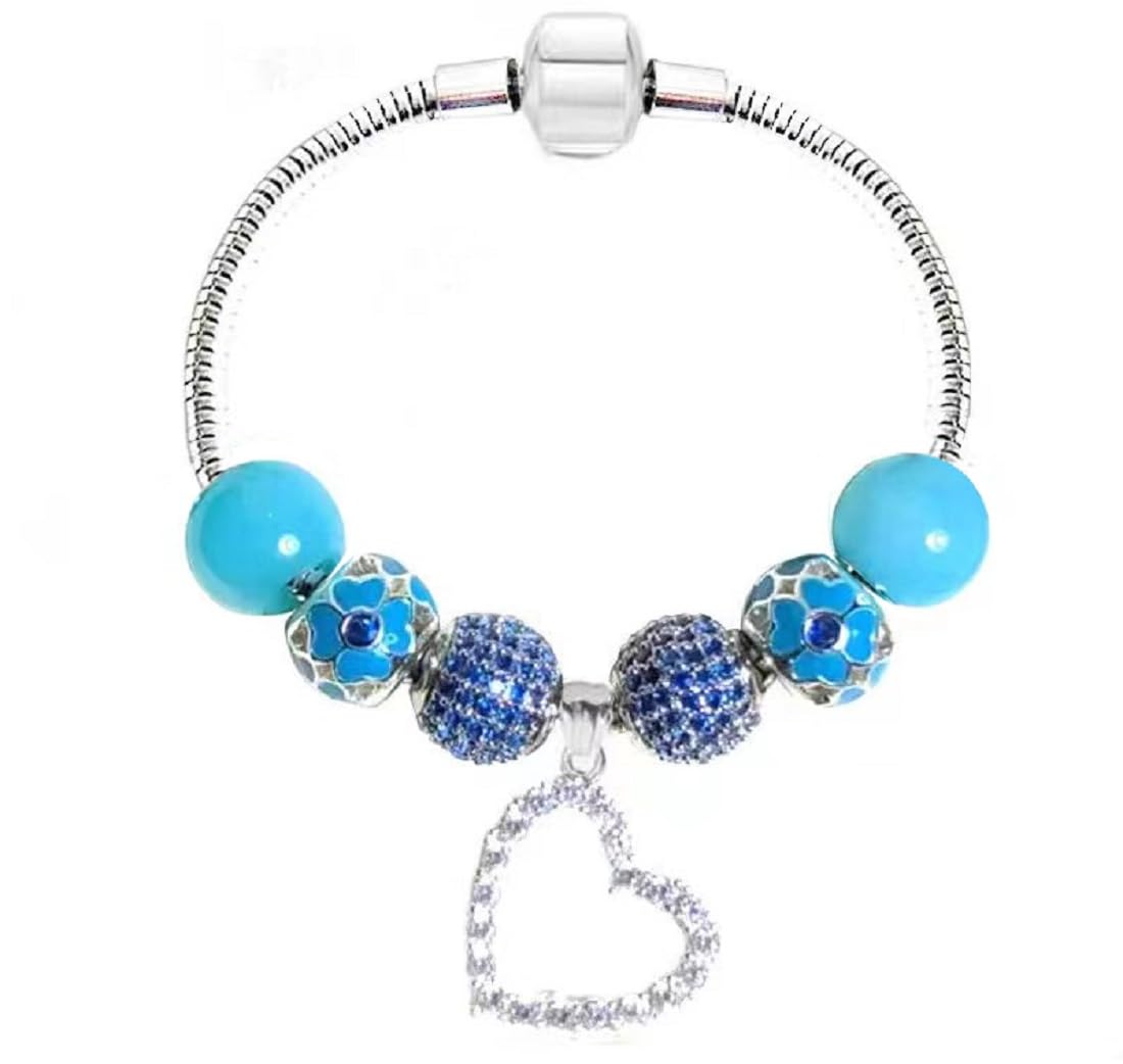 White Birch Aquamarine Blue Charm Bracelet March Birthstone Daughter Gift Jewelry 21 cm Large and X-large Size for Women Jewelry
