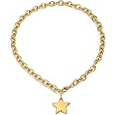 Star Choker Necklace for Women Dainty Minimalist Gold Plated Star Charm Pendant Chunky Paperclip Chain Adjustable Necklaces Stainless Steel Fashion Trendy Jewelry for Her Bff 15.7"