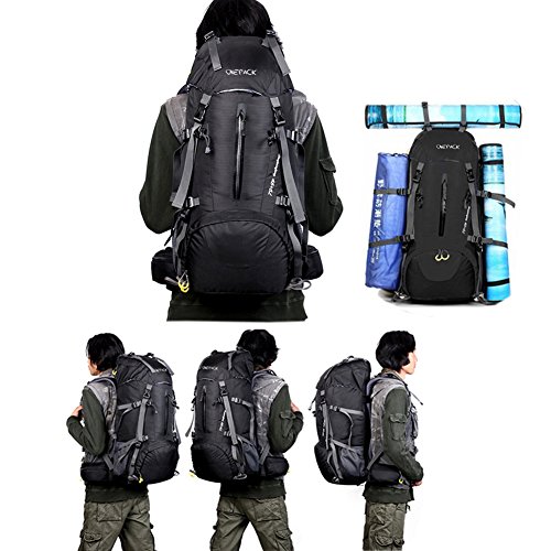 ONEPACK 50L(45+5) Hiking Backpack Waterproof Backpacking Bag Outdoor Sport Daypack for Climbing Mountaineering Camping Fishing Travel Cycling Skiing with Rain Cover (Black) - Thumbnail 5