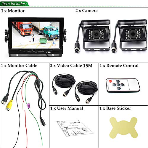 Vanxse 7" LCD Monitor 2CH 4-Pin Aviation Video Input DC 12V 24V Vehicle Backup Camera System 2 x Rear View Camera 2X15Meters Cable for Bus Truck Boat Security Surveillance System - Thumbnail 3