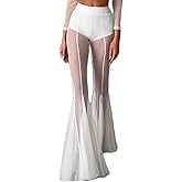 Mandonce Womens Pants Bell Bottom Pants Sheer Mesh See Through Line Trim Beach Vacation Flared Elegant Sexy