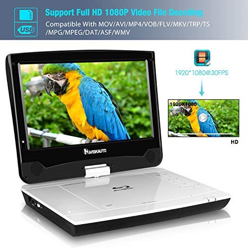 NAVISKAUTO 10.1" Portable Blu Ray Player with Rechargeable Battery Support HDMI Output, 1080P Video, Sync Screen, AV Out & in, Dolby Audio, Last Memory, USB SD