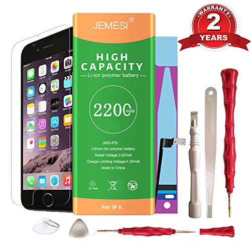 JEMESI Replacement Battery Model iphone 6 - New 0 Cycle 2200mAh High Capacity ,with Repair Tool kits Include Adhesive, Instructions and Screen Protector -[24 Months Warranty]