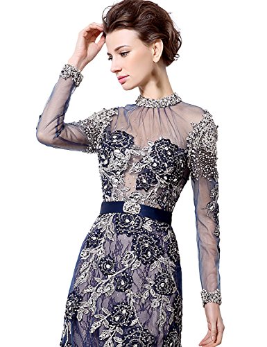 Anmor Tulle Mother Of The Bride Dress High Neck Beaded Sequin Applique Evening Prom Dress Long Sleeeve Navy Blue US2