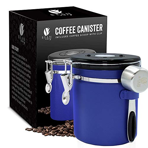 Bean Envy Airtight Coffee Canister - 16 oz - Includes Stainless Steel Coffee Scoop - Sealed Container With Cantilever Lid - Co2 Gas Release Wicovalve & Numerical Day/Month Tracker - Blue