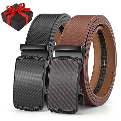 2 Cinturones de Piel Genuina para Hombre-120 CM, Cinturón Ajustable y Recortable para Hombre, Hebilla Automática de Trinquete, Regalos del Día del Padre para Papás, Esposos y Novios