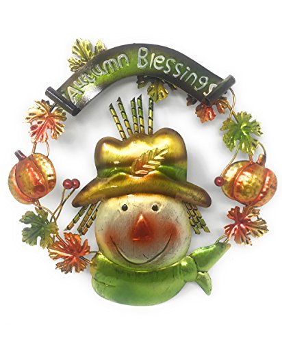 Harvest Thanksgiving Fall Door Wall Decor “Autumn Blessings” Sign Wreath Rustic Metal Indoor Outdoor Multicolor (11” Diameter)